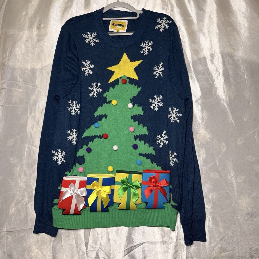 Tipsy Elves Men’s Crew Neck Pullover Knit Sweater with Beer Holsters Large Navy